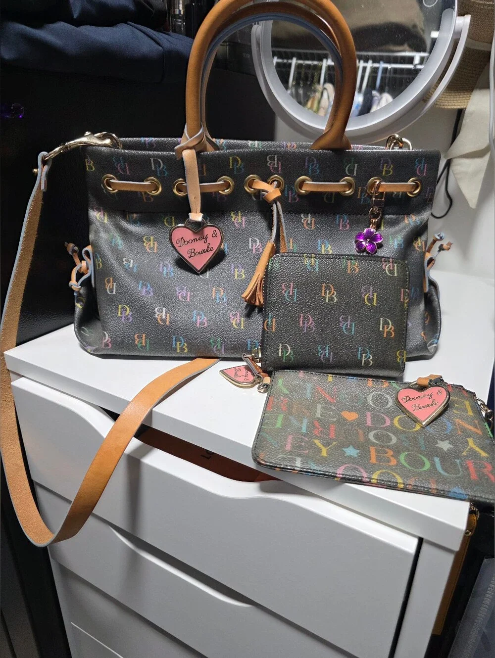 Dooney & Bourke Black Multicolor Logo Satchel with Tan Trim